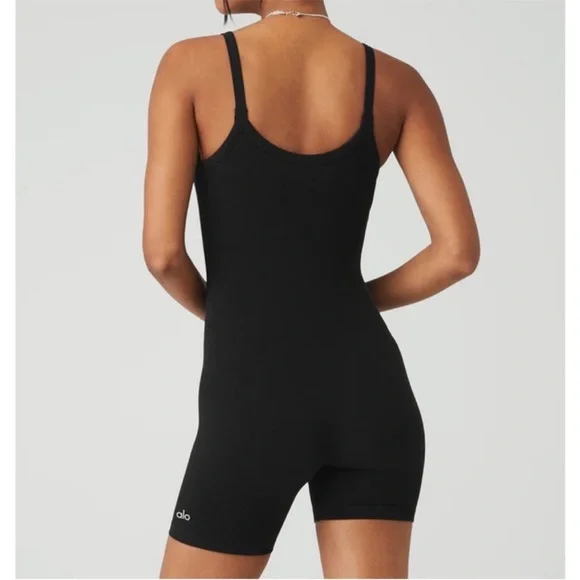 Alo seamless ribbed mellow Romper Bodysuit Black Sz S - Picture 1 of 7